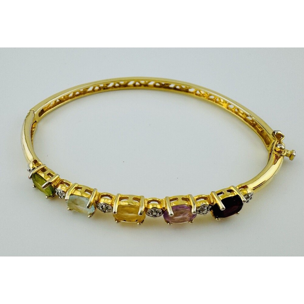 Vintage Bracelet Semi Precious Stones Gold Tone 8” Oval Hinged Clasp